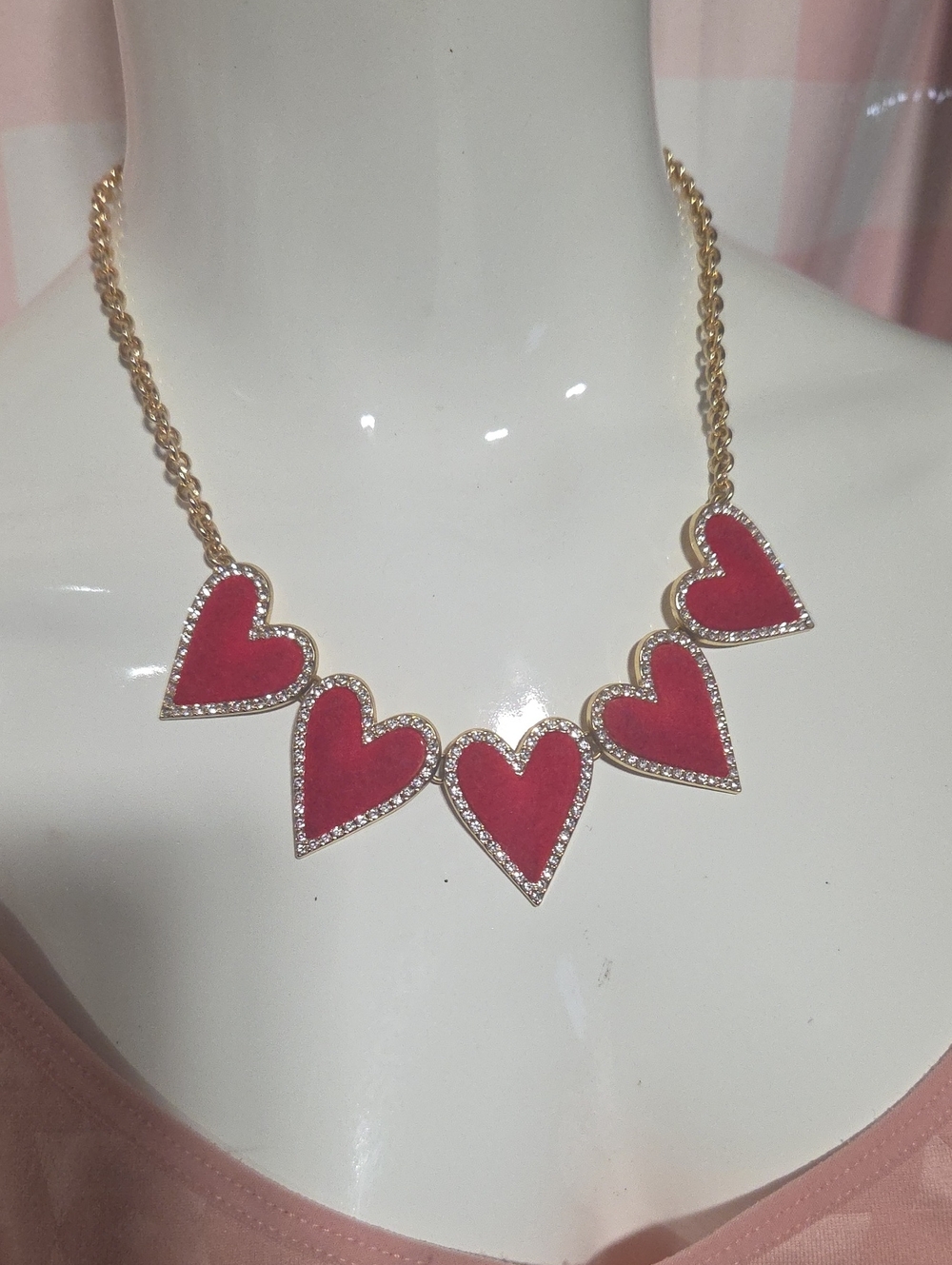 Gold Chain Necklace with Pink Heart Pendants